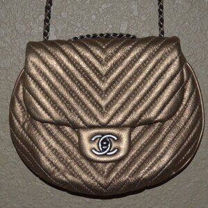 Chanel Bronze Leather Mini Chevron Messenger Shoulder Crossbody Handbag